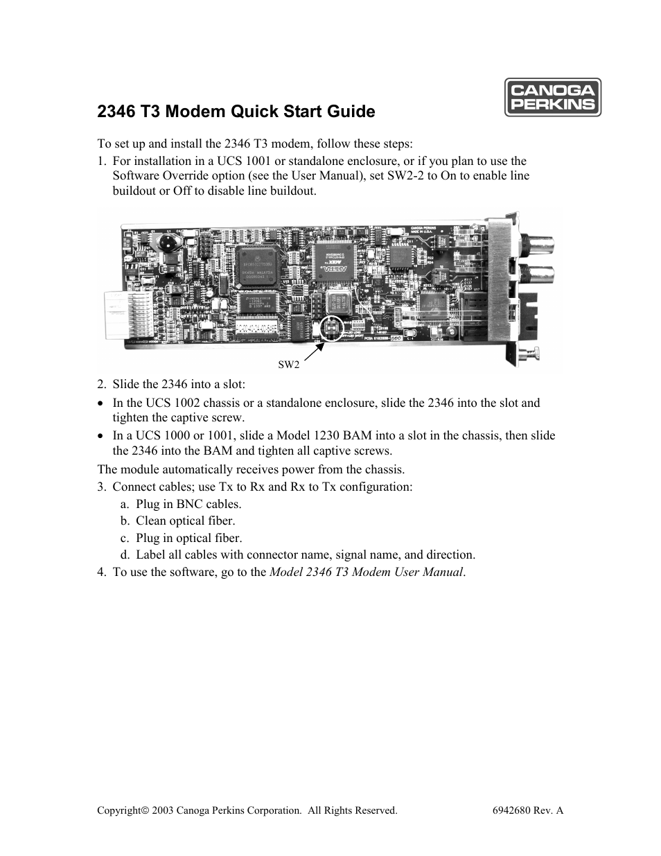 CANOGA PERKINS 2346 T3 Modem User Manual | 2 pages