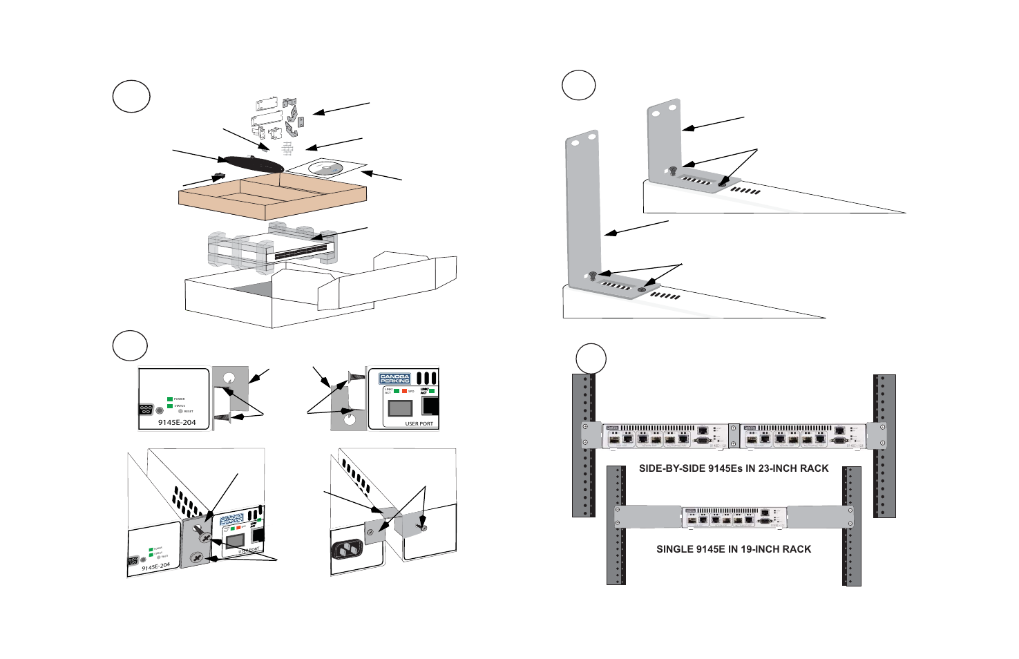 1unpack, 2install rack mount brackets, 3install side-by-side brackets | 4rack mounting | CANOGA PERKINS 9145E Network Interface Device Quick Start Guide User Manual | Page 3 / 7