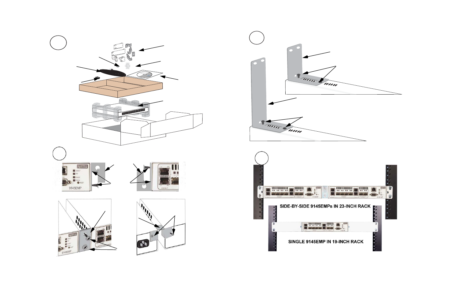 9145emp_quickstart_body, 1unpack, 2install rack mount brackets | 3install side-by-side brackets, 4rack mounting | CANOGA PERKINS 9145EMP Interface Device Quick Start Guide User Manual | Page 3 / 7