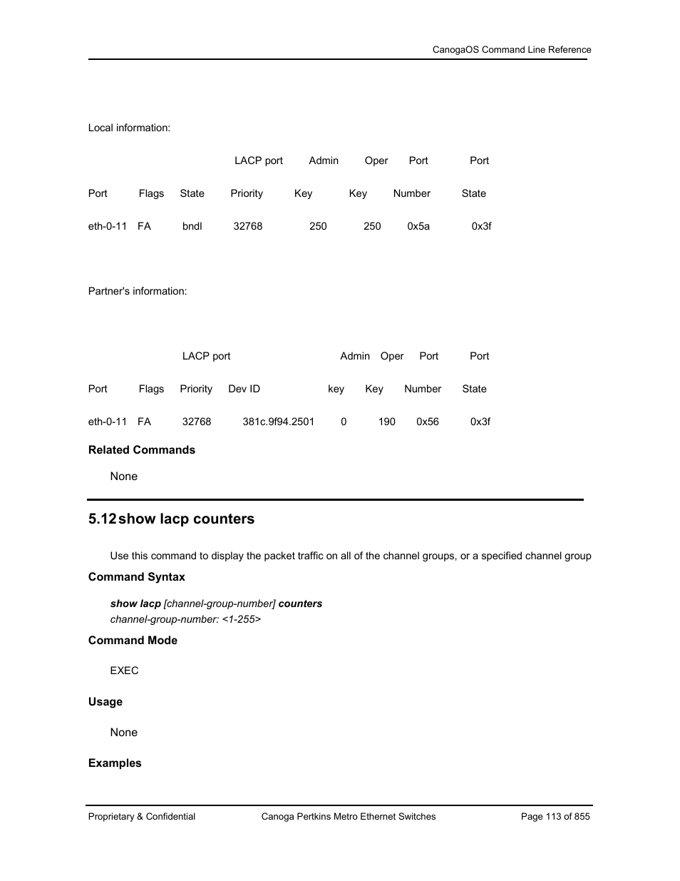 12 show lacp counters | CANOGA PERKINS CanogaOS Command Reference User Manual | Page 113 / 855