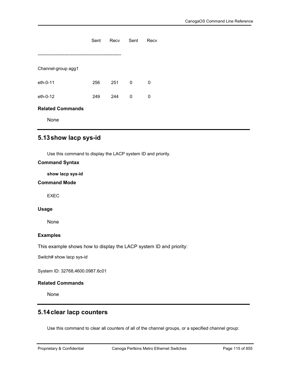 13 show lacp sys-id, 14 clear lacp counters | CANOGA PERKINS CanogaOS Command Reference User Manual | Page 115 / 855