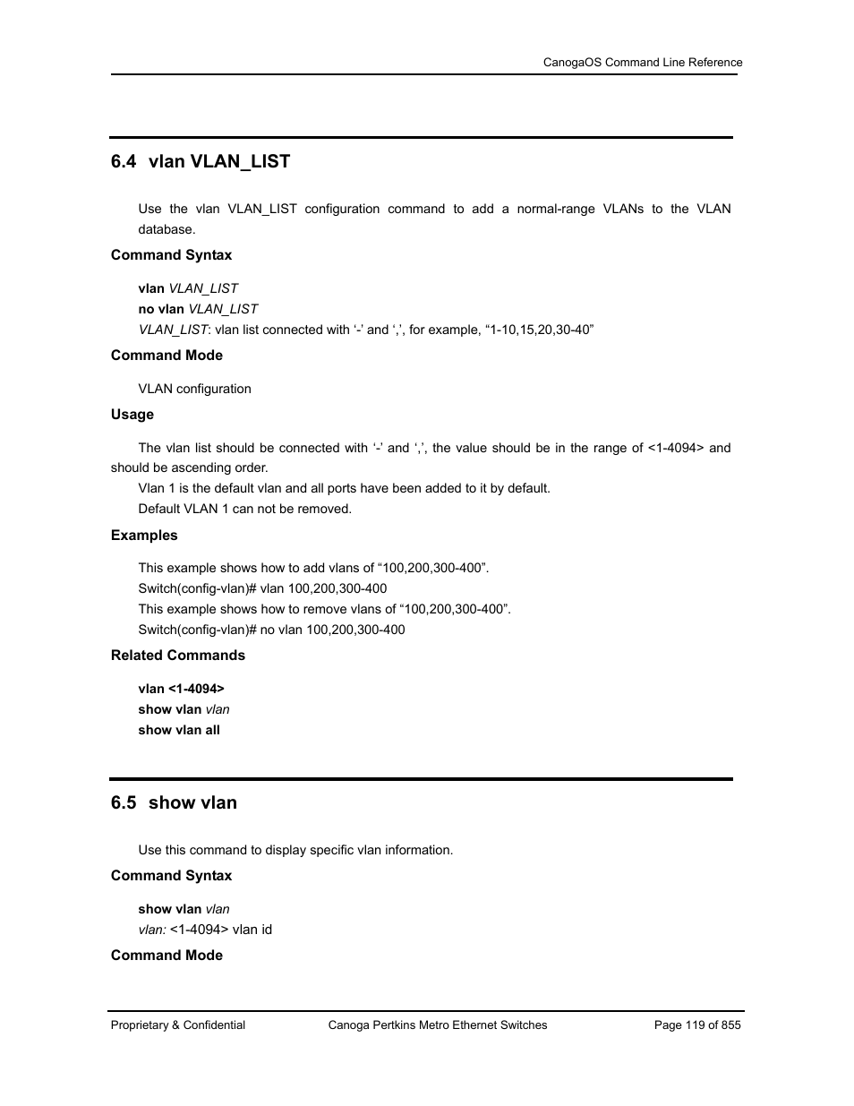 4 vlan vlan_list, 5 show vlan | CANOGA PERKINS CanogaOS Command Reference User Manual | Page 119 / 855