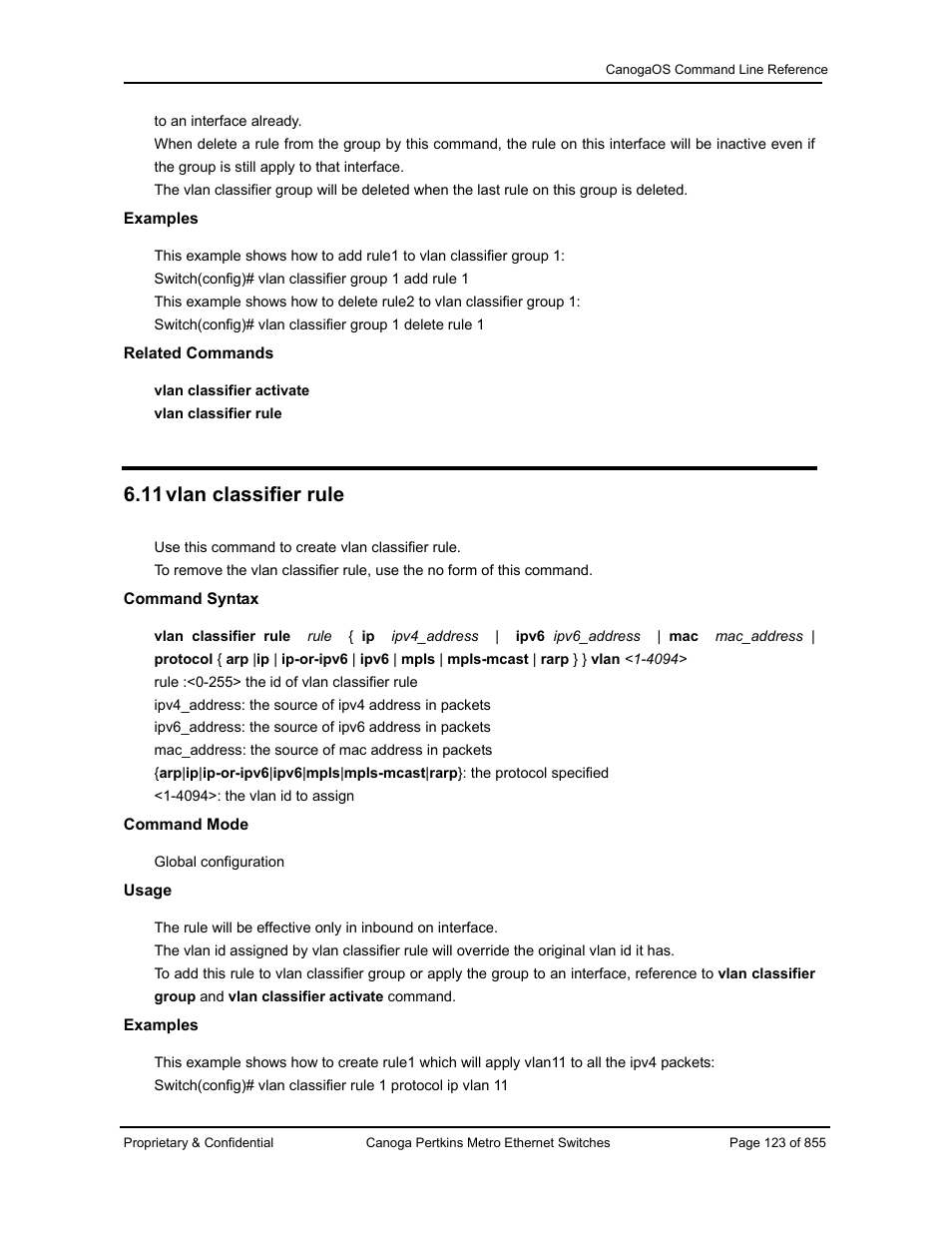 11 vlan classifier rule | CANOGA PERKINS CanogaOS Command Reference User Manual | Page 123 / 855