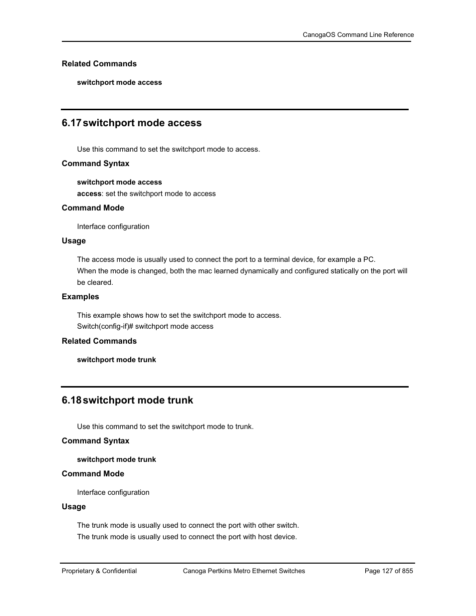 17 switchport mode access, 18 switchport mode trunk | CANOGA PERKINS CanogaOS Command Reference User Manual | Page 127 / 855