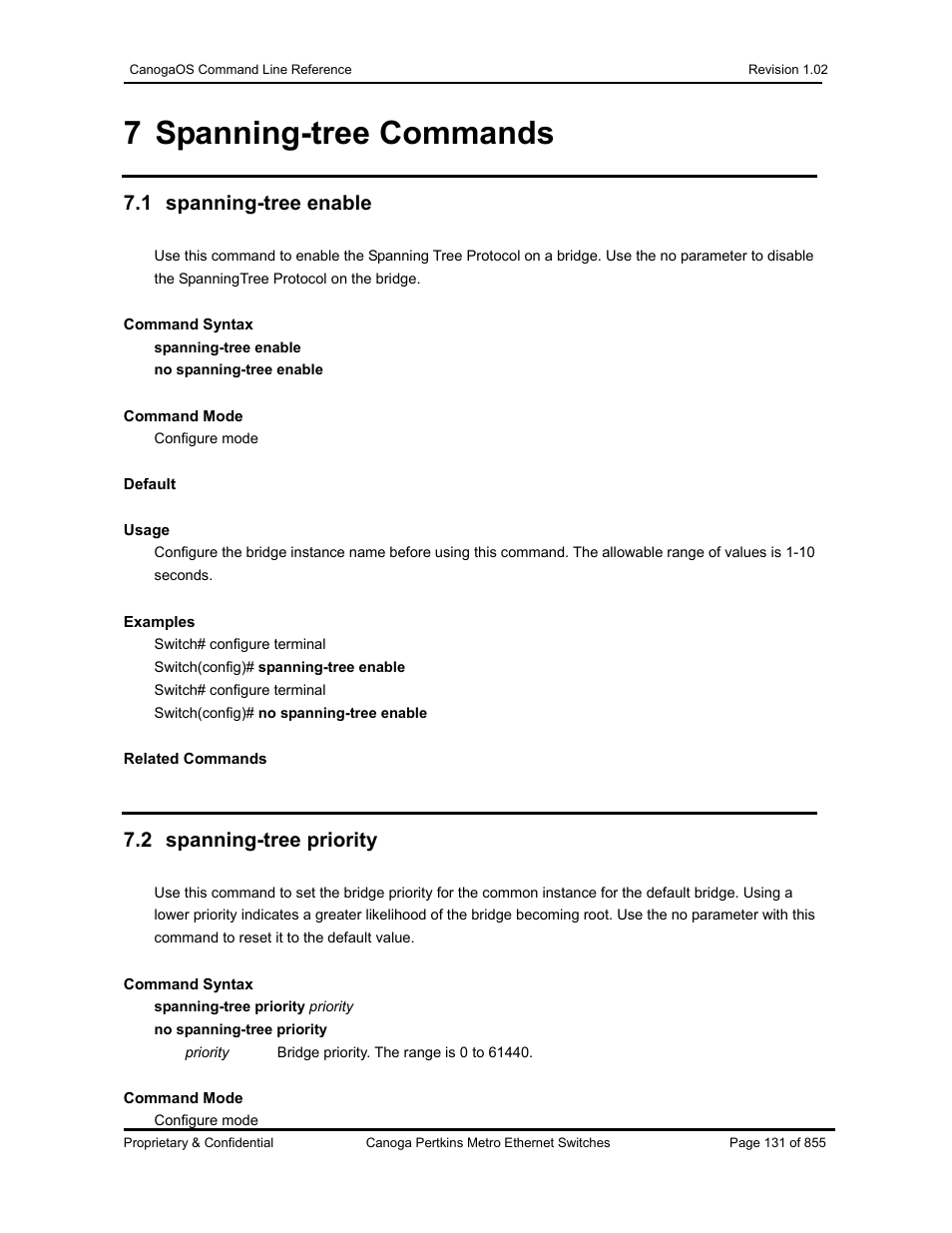 7 spanning-tree commands, 1 spanning-tree enable, 2 spanning-tree priority | CANOGA PERKINS CanogaOS Command Reference User Manual | Page 131 / 855