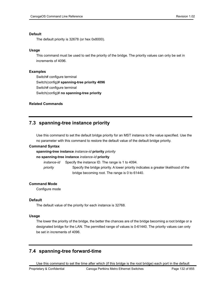 3 spanning-tree instance priority, 4 spanning-tree forward-time | CANOGA PERKINS CanogaOS Command Reference User Manual | Page 132 / 855