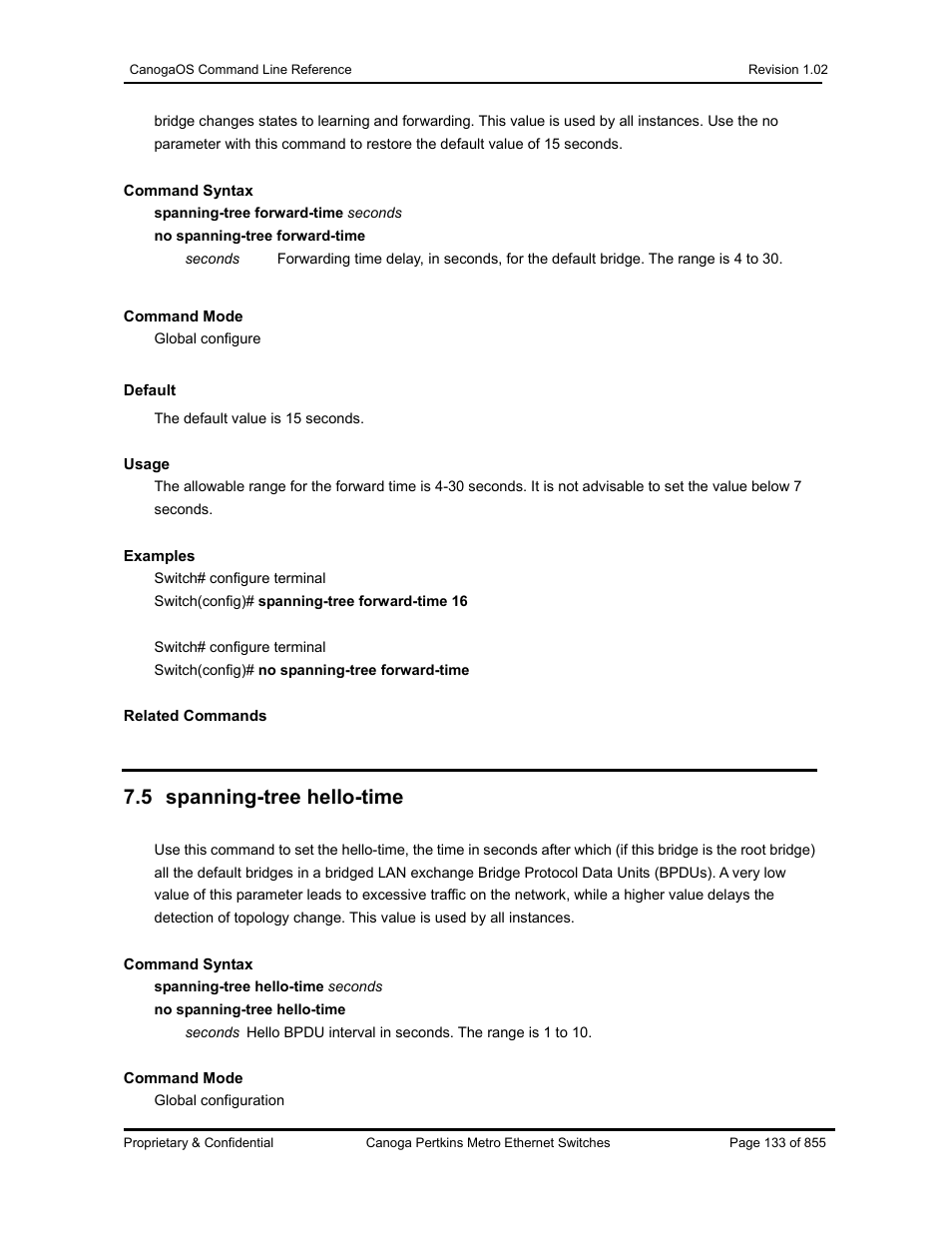 5 spanning-tree hello-time | CANOGA PERKINS CanogaOS Command Reference User Manual | Page 133 / 855