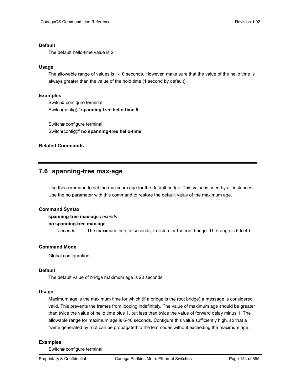 6 spanning-tree max-age | CANOGA PERKINS CanogaOS Command Reference User Manual | Page 134 / 855
