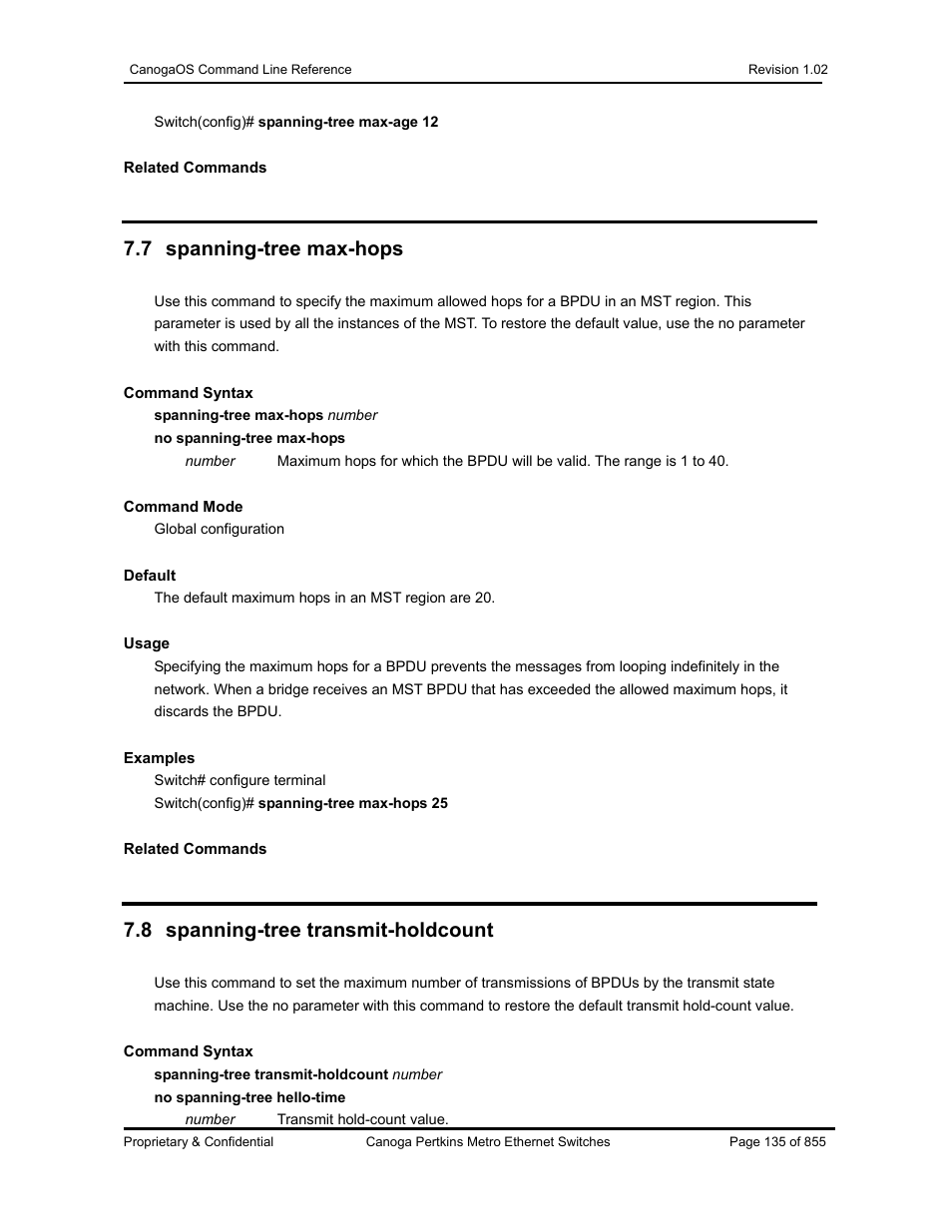 7 spanning-tree max-hops, 8 spanning-tree transmit-holdcount | CANOGA PERKINS CanogaOS Command Reference User Manual | Page 135 / 855