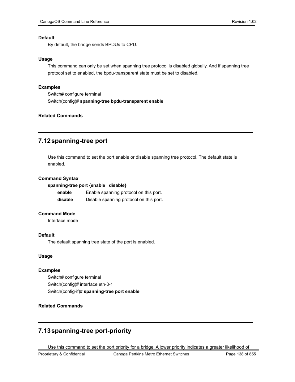 12 spanning-tree port, 13 spanning-tree port-priority | CANOGA PERKINS CanogaOS Command Reference User Manual | Page 138 / 855