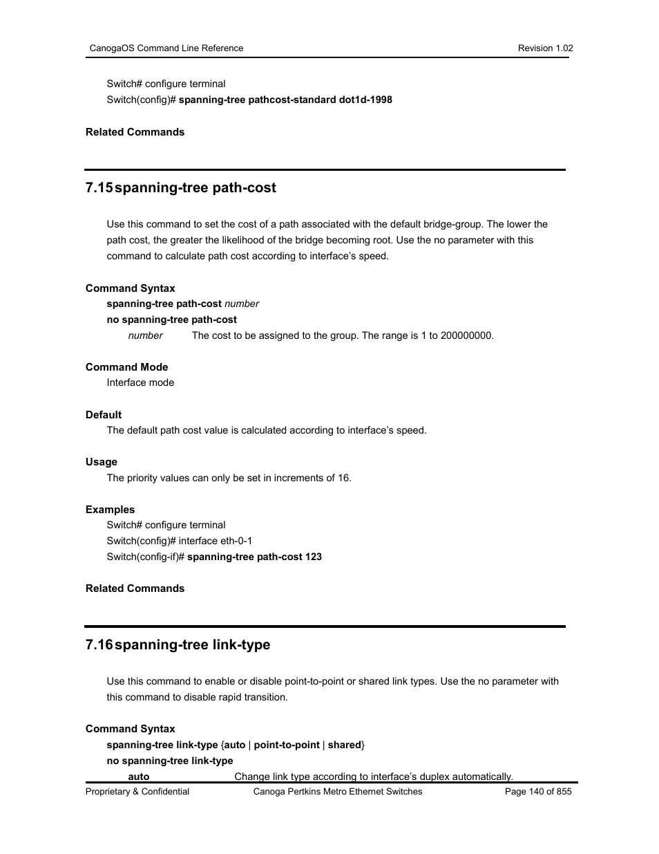 15 spanning-tree path-cost, 16 spanning-tree link-type | CANOGA PERKINS CanogaOS Command Reference User Manual | Page 140 / 855