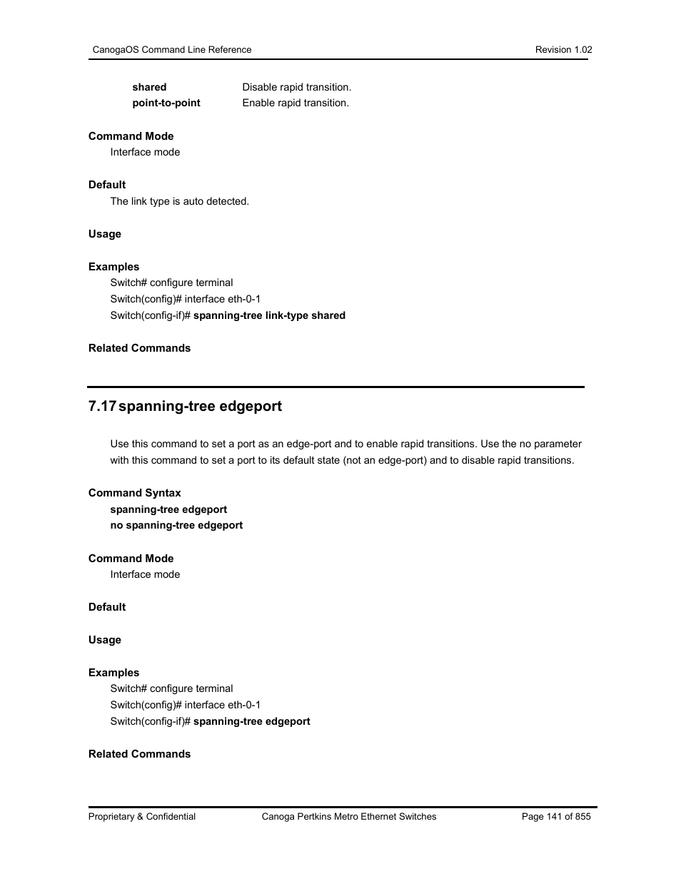 17 spanning-tree edgeport | CANOGA PERKINS CanogaOS Command Reference User Manual | Page 141 / 855