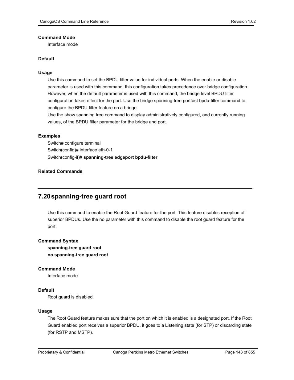 20 spanning-tree guard root | CANOGA PERKINS CanogaOS Command Reference User Manual | Page 143 / 855