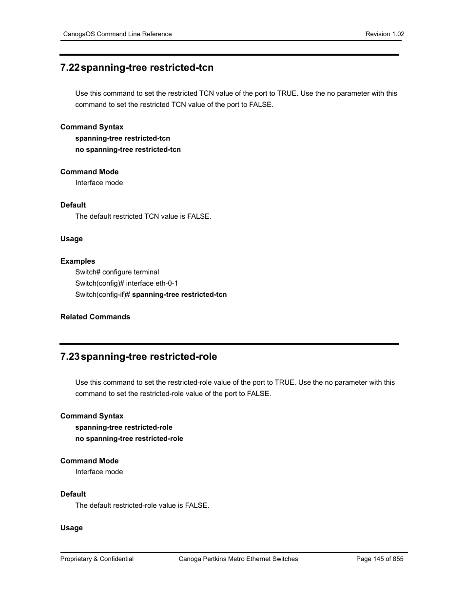 22 spanning-tree restricted-tcn, 23 spanning-tree restricted-role | CANOGA PERKINS CanogaOS Command Reference User Manual | Page 145 / 855