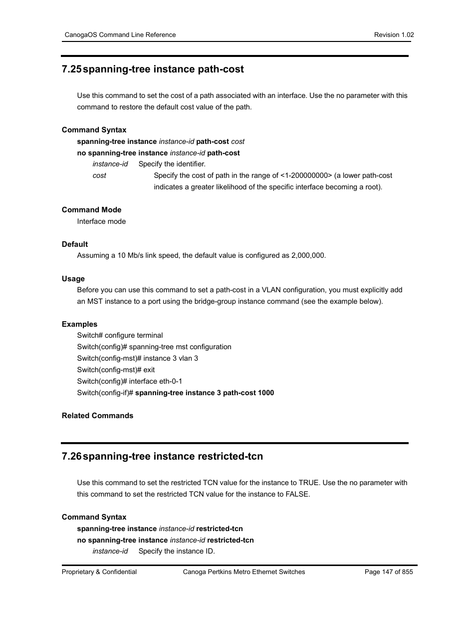 25 spanning-tree instance path-cost, 26 spanning-tree instance restricted-tcn | CANOGA PERKINS CanogaOS Command Reference User Manual | Page 147 / 855