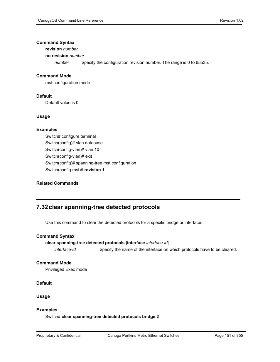 32 clear spanning-tree detected protocols | CANOGA PERKINS CanogaOS Command Reference User Manual | Page 151 / 855