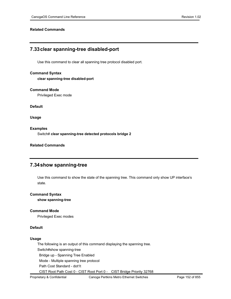 33 clear spanning-tree disabled-port, 34 show spanning-tree | CANOGA PERKINS CanogaOS Command Reference User Manual | Page 152 / 855