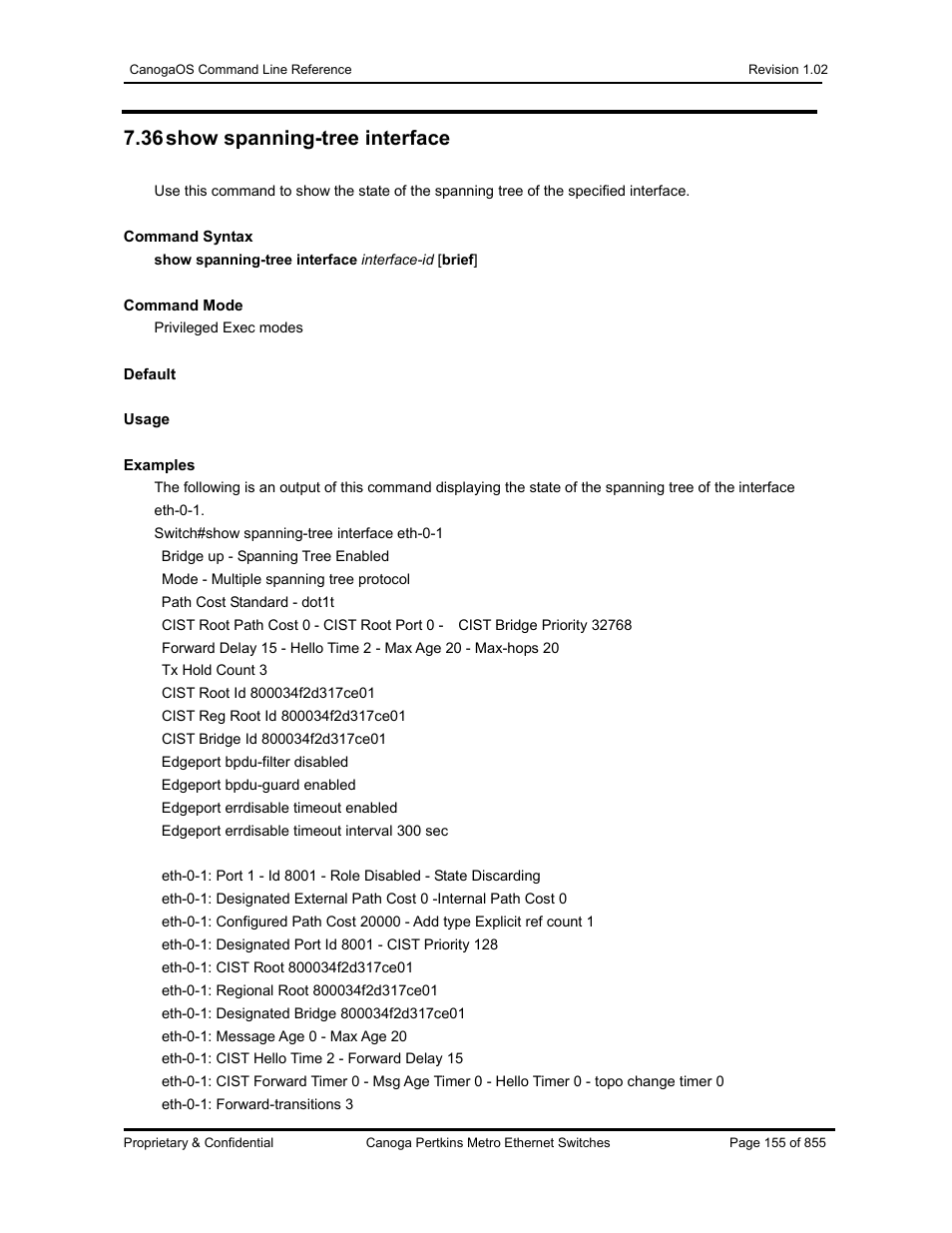 36 show spanning-tree interface | CANOGA PERKINS CanogaOS Command Reference User Manual | Page 155 / 855