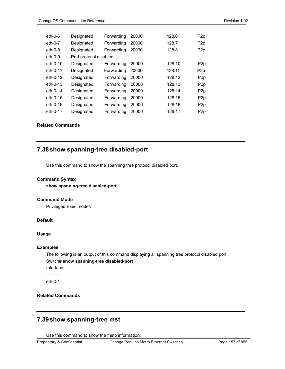 38 show spanning-tree disabled-port, 39 show spanning-tree mst | CANOGA PERKINS CanogaOS Command Reference User Manual | Page 157 / 855