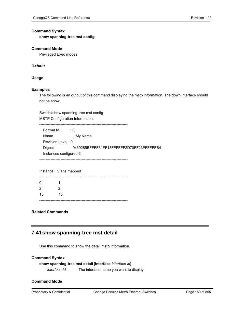 41 show spanning-tree mst detail | CANOGA PERKINS CanogaOS Command Reference User Manual | Page 159 / 855