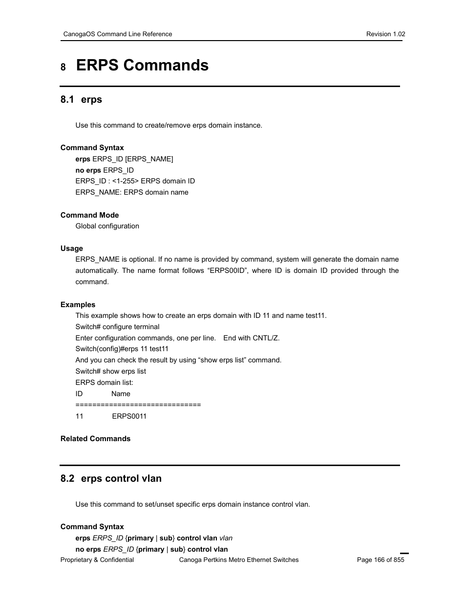 Erps commands, 1 erps, 2 erps control vlan | CANOGA PERKINS CanogaOS Command Reference User Manual | Page 166 / 855