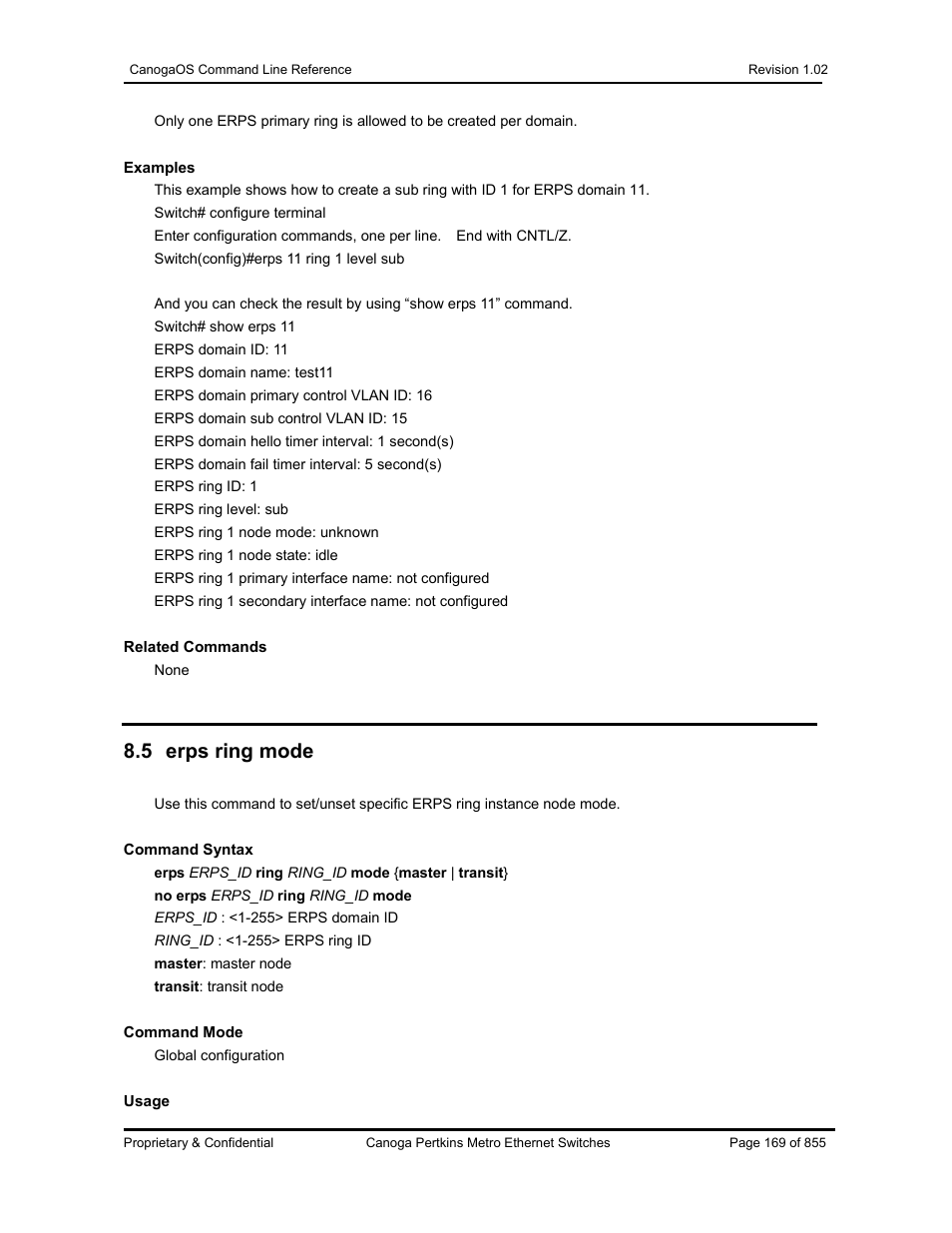 5 erps ring mode | CANOGA PERKINS CanogaOS Command Reference User Manual | Page 169 / 855