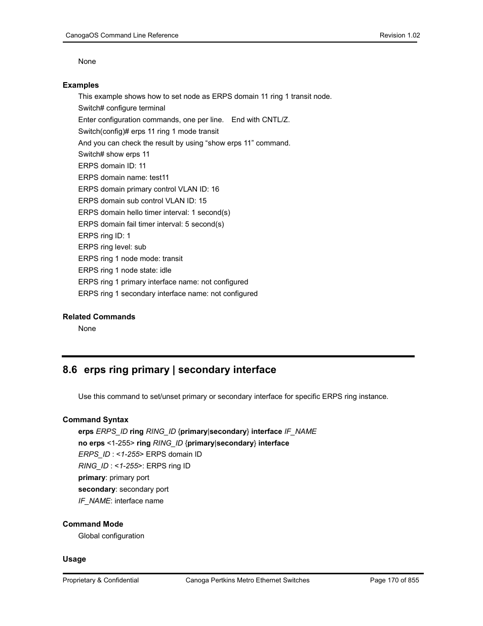 6 erps ring primary | secondary interface | CANOGA PERKINS CanogaOS Command Reference User Manual | Page 170 / 855