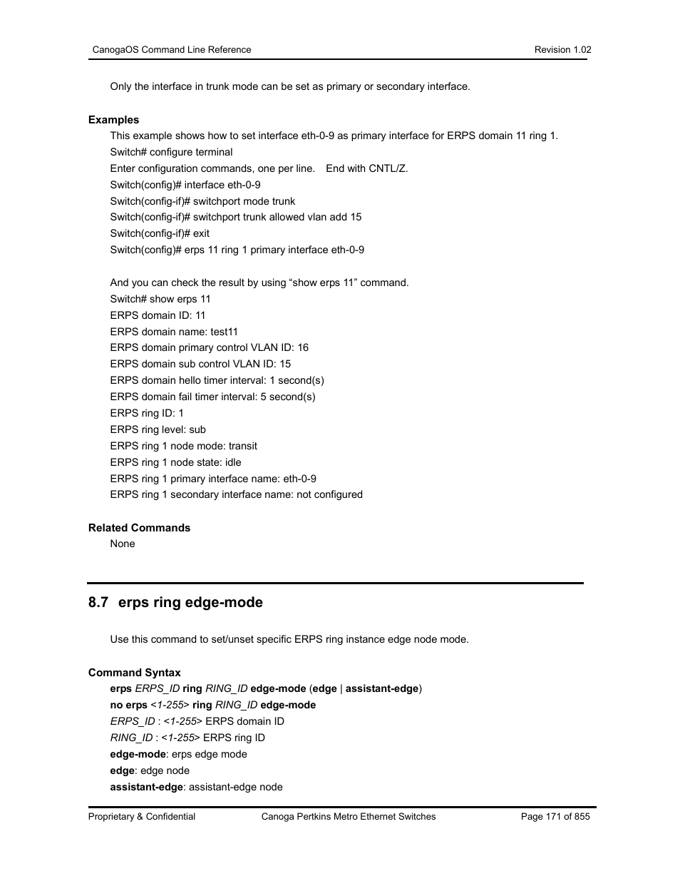 7 erps ring edge-mode | CANOGA PERKINS CanogaOS Command Reference User Manual | Page 171 / 855