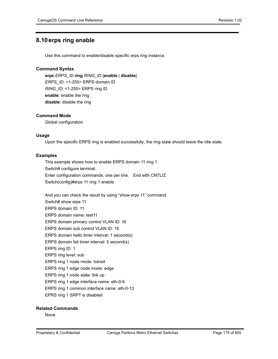 10 erps ring enable | CANOGA PERKINS CanogaOS Command Reference User Manual | Page 175 / 855