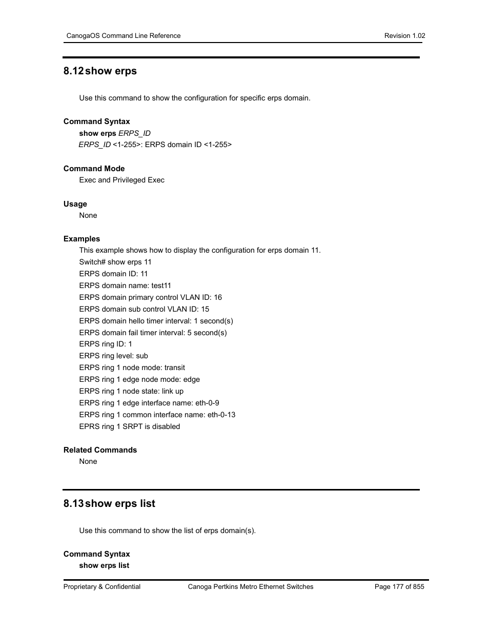 12 show erps, 13 show erps list | CANOGA PERKINS CanogaOS Command Reference User Manual | Page 177 / 855