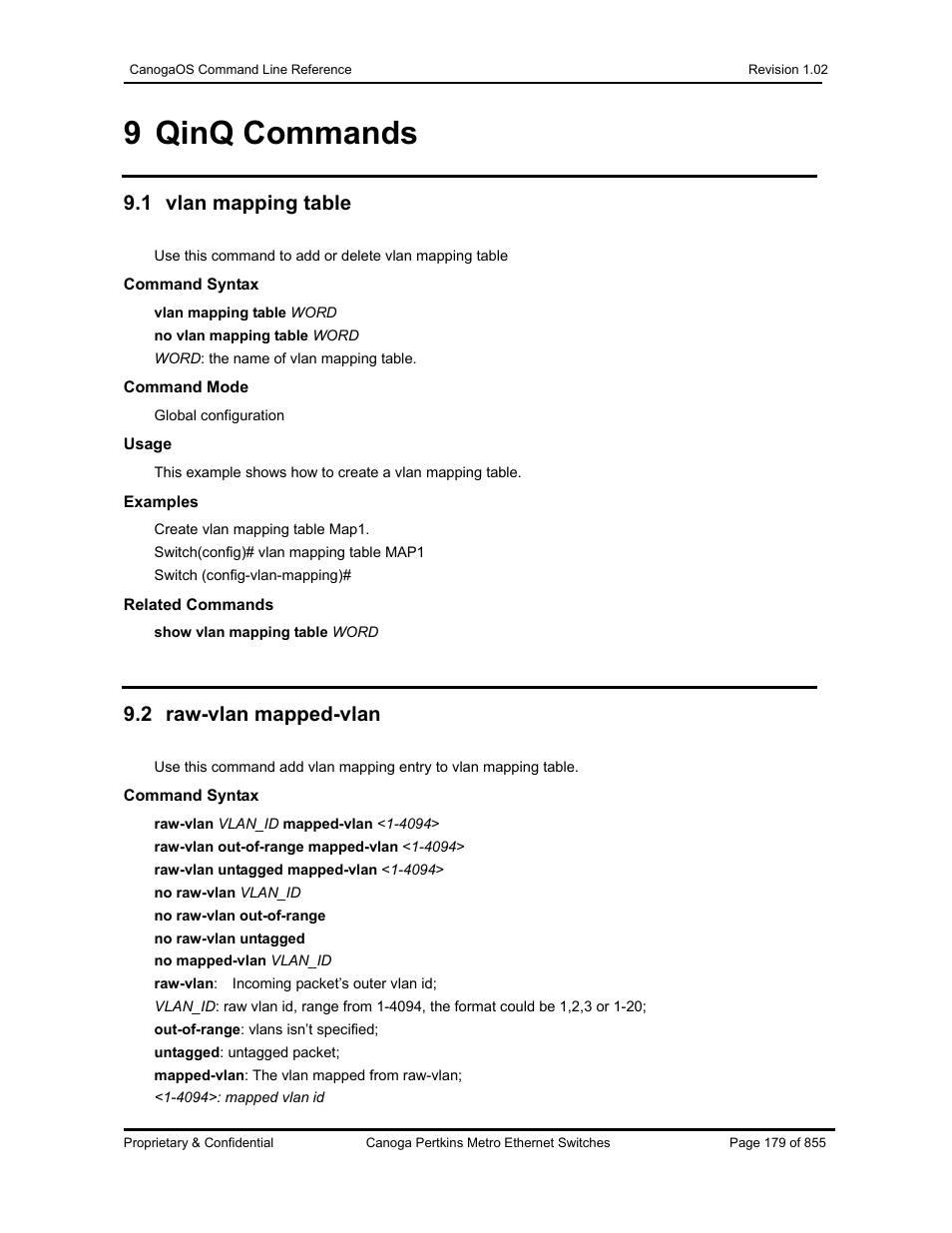 9 qinq commands, 1 vlan mapping table, 2 raw-vlan mapped-vlan | CANOGA PERKINS CanogaOS Command Reference User Manual | Page 179 / 855