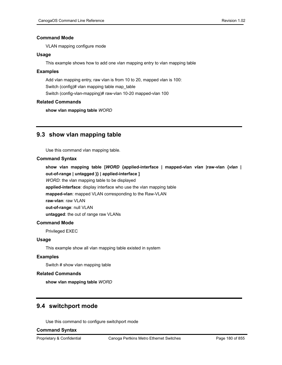 3 show vlan mapping table, 4 switchport mode | CANOGA PERKINS CanogaOS Command Reference User Manual | Page 180 / 855