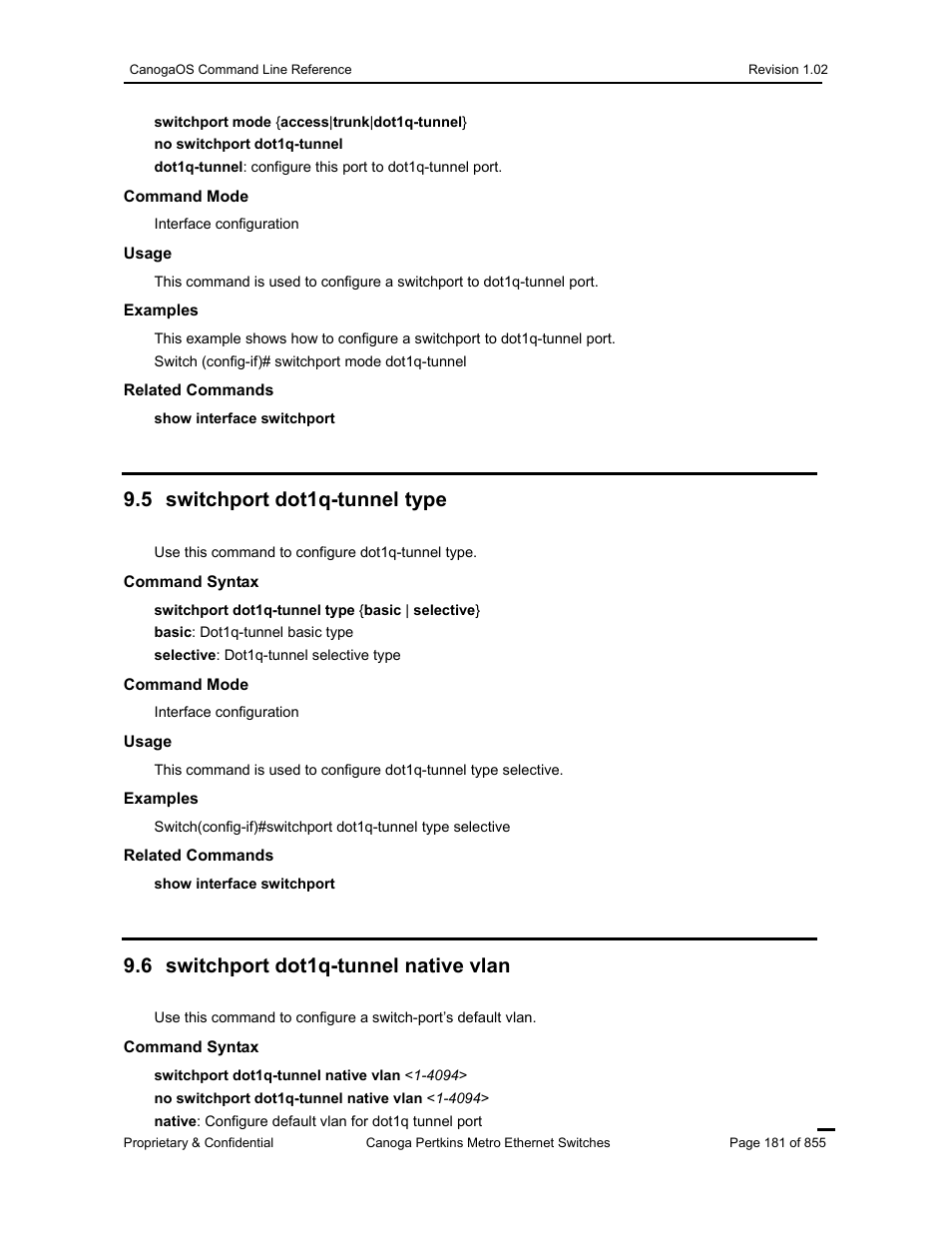 5 switchport dot1q-tunnel type, 6 switchport dot1q-tunnel native vlan | CANOGA PERKINS CanogaOS Command Reference User Manual | Page 181 / 855