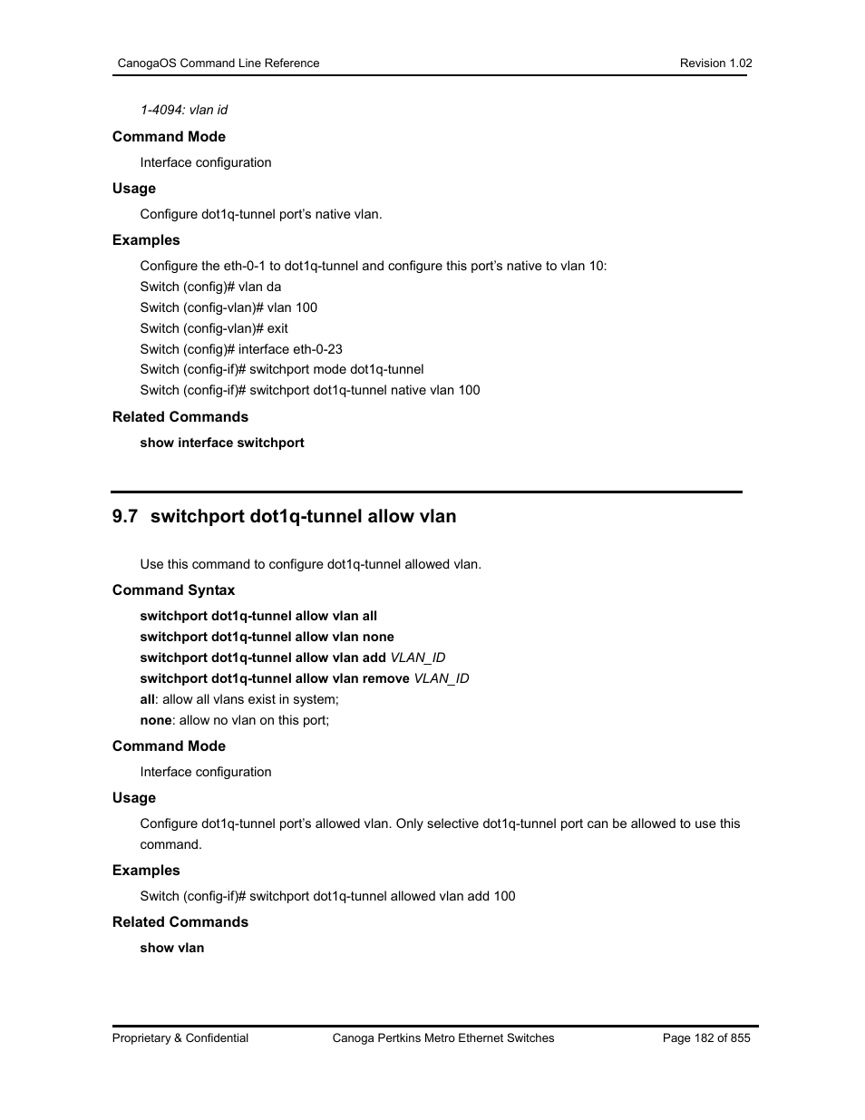 7 switchport dot1q-tunnel allow vlan | CANOGA PERKINS CanogaOS Command Reference User Manual | Page 182 / 855