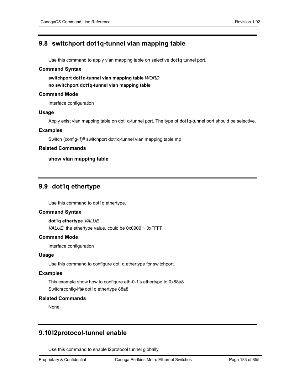 8 switchport dot1q-tunnel vlan mapping table, 9 dot1q ethertype, 10 l2protocol-tunnel enable | CANOGA PERKINS CanogaOS Command Reference User Manual | Page 183 / 855