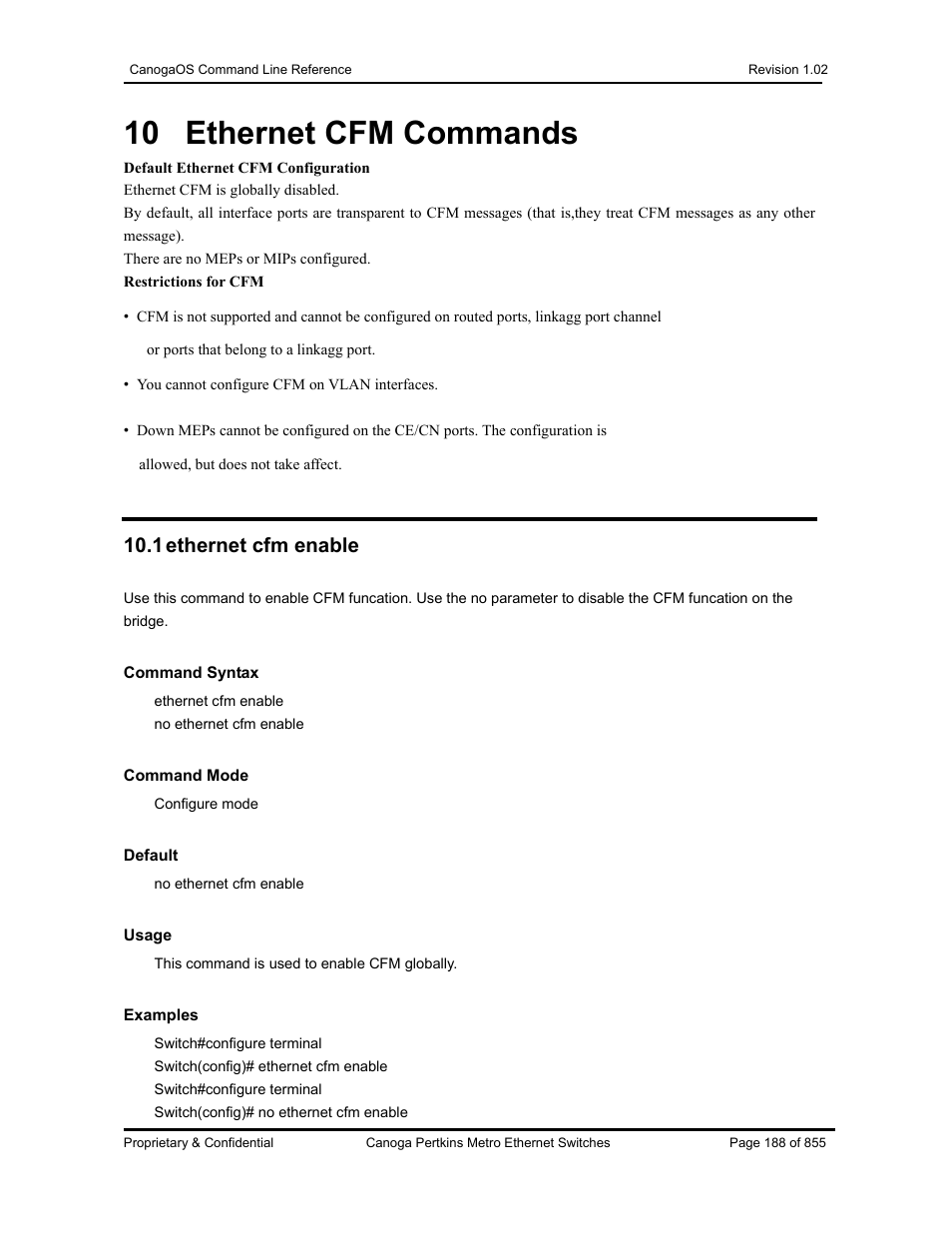 10 ethernet cfm commands, 1 ethernet cfm enable | CANOGA PERKINS CanogaOS Command Reference User Manual | Page 188 / 855