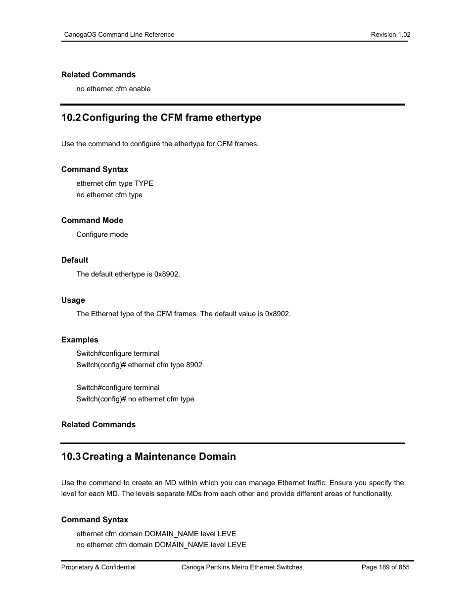 2 configuring the cfm frame ethertype, 3 creating a maintenance domain | CANOGA PERKINS CanogaOS Command Reference User Manual | Page 189 / 855