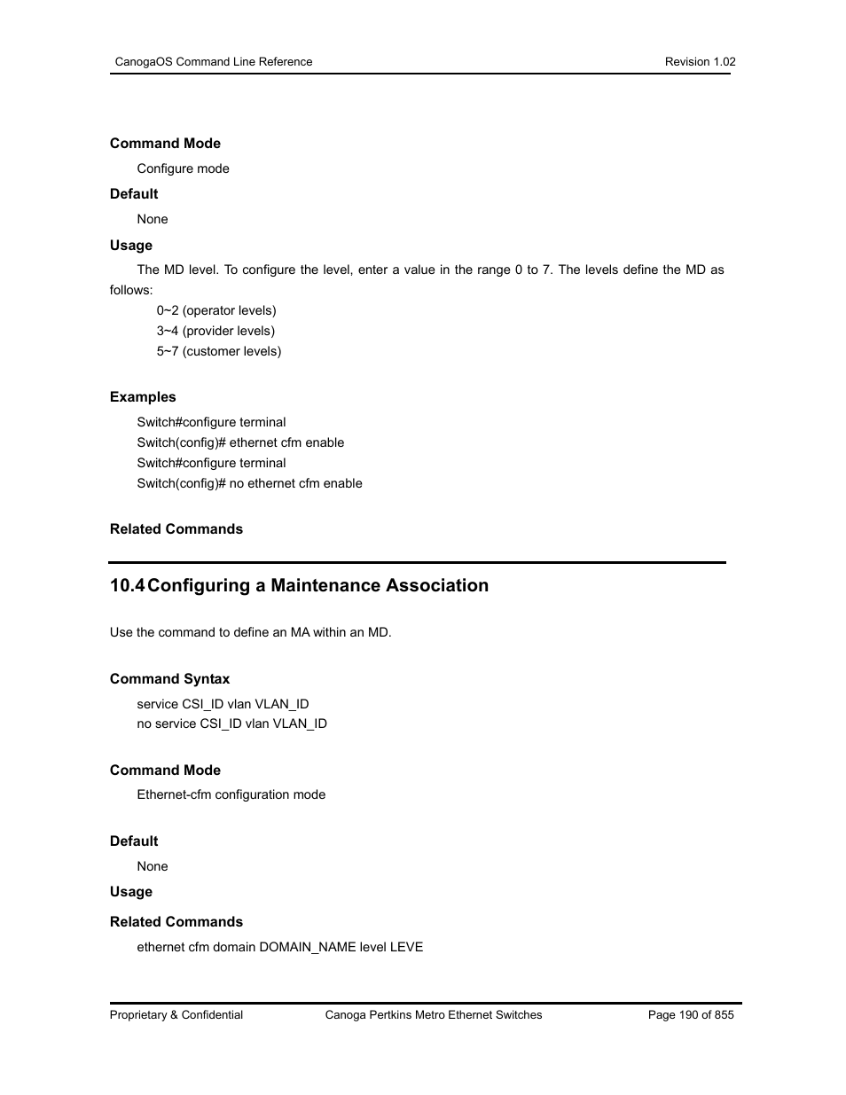 4 configuring a maintenance association | CANOGA PERKINS CanogaOS Command Reference User Manual | Page 190 / 855