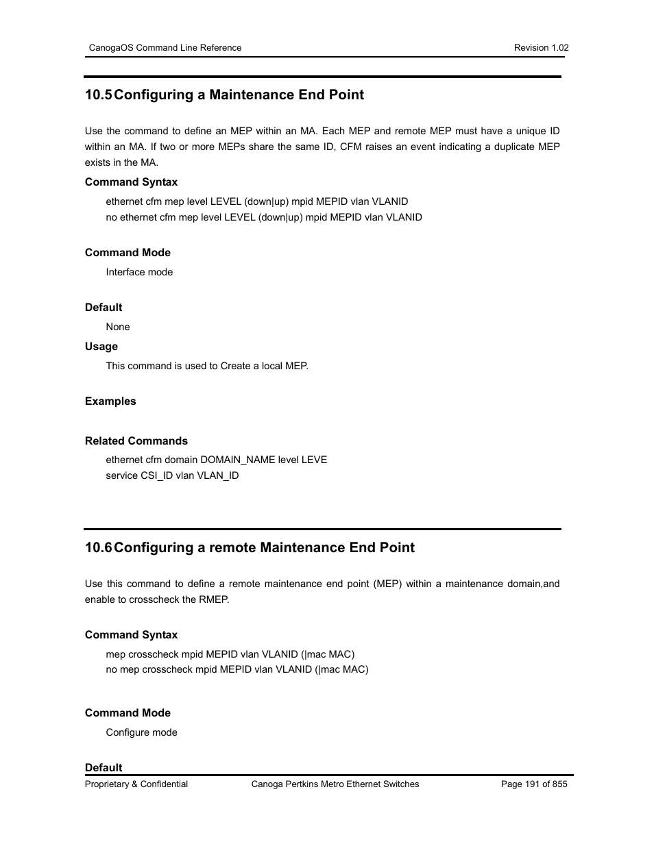 5 configuring a maintenance end point, 6 configuring a remote maintenance end point | CANOGA PERKINS CanogaOS Command Reference User Manual | Page 191 / 855