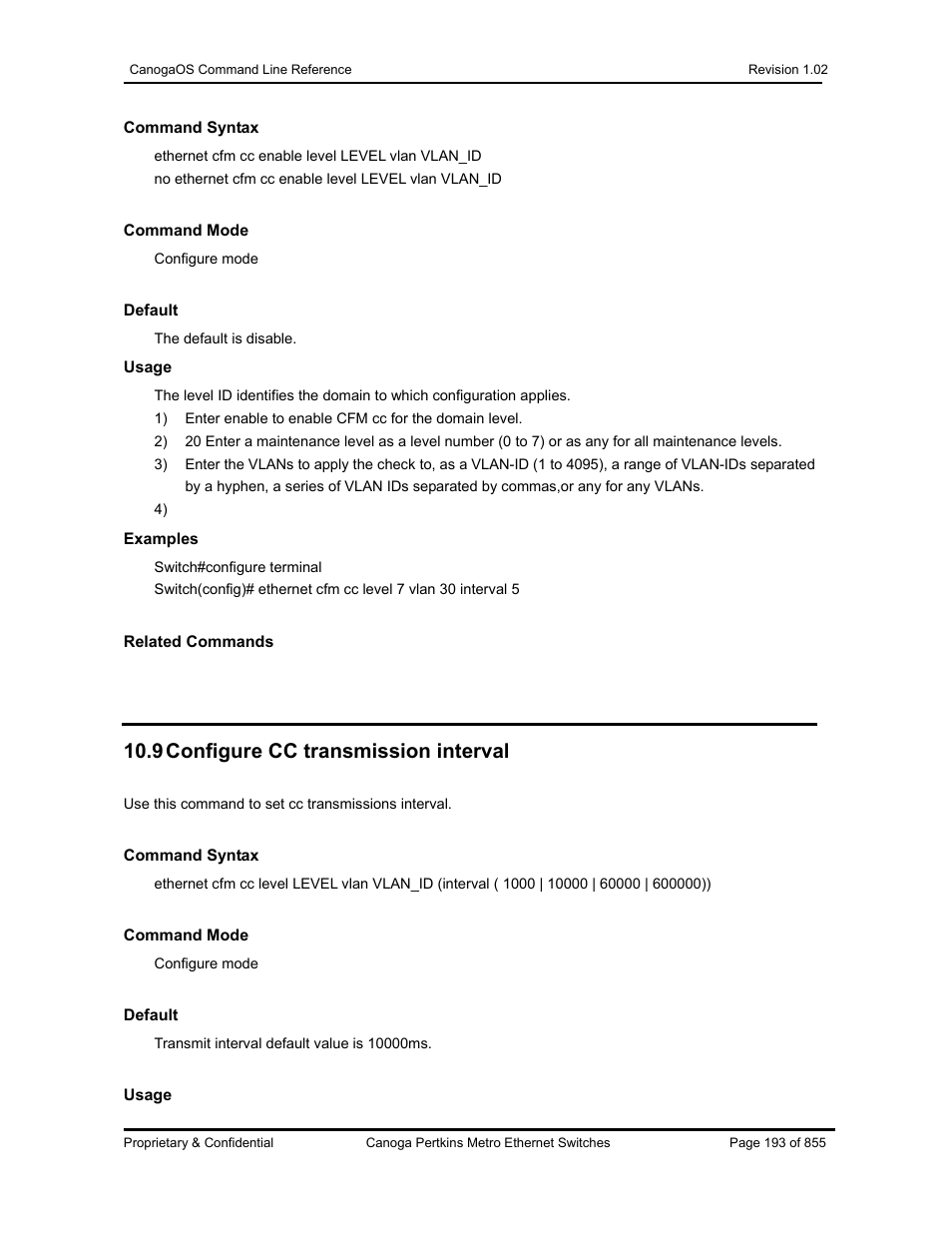 9 configure cc transmission interval | CANOGA PERKINS CanogaOS Command Reference User Manual | Page 193 / 855