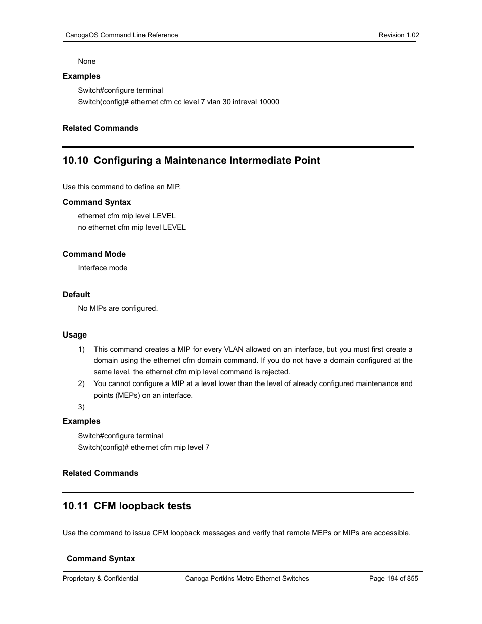 10 configuring a maintenance intermediate point, 11 cfm loopback tests | CANOGA PERKINS CanogaOS Command Reference User Manual | Page 194 / 855