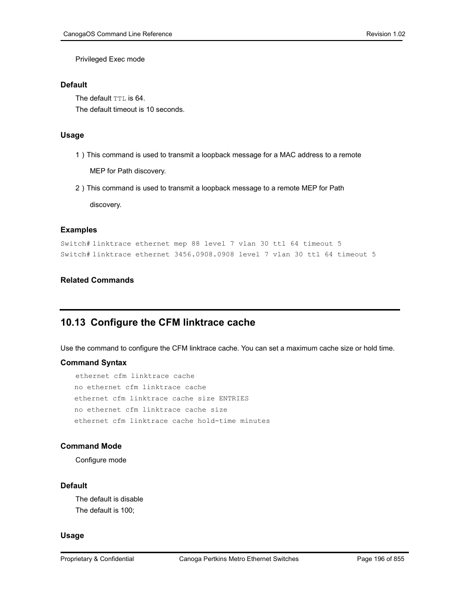 13 configure the cfm linktrace cache | CANOGA PERKINS CanogaOS Command Reference User Manual | Page 196 / 855