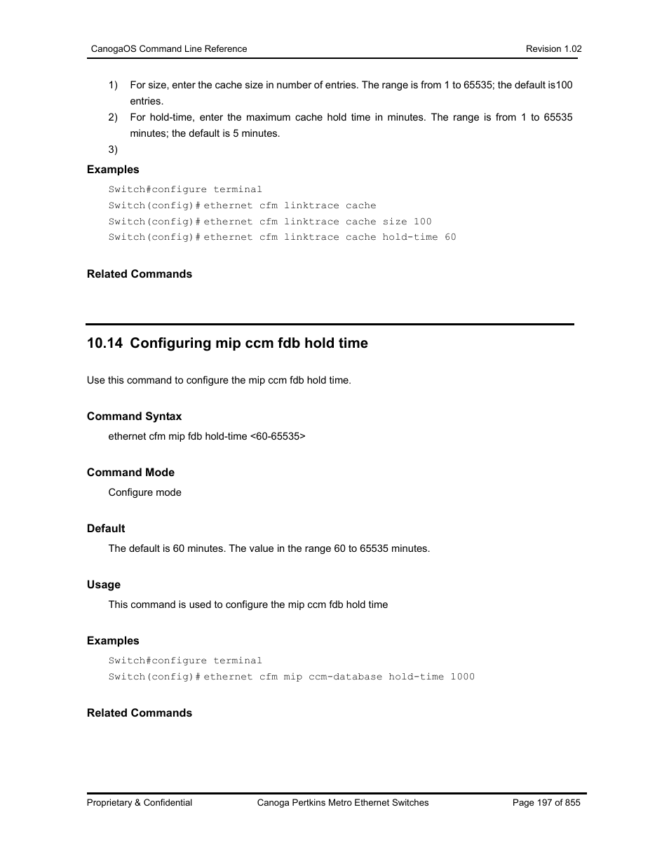 14 configuring mip ccm fdb hold time | CANOGA PERKINS CanogaOS Command Reference User Manual | Page 197 / 855