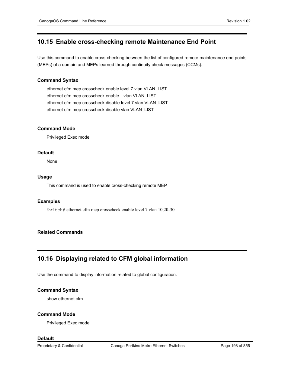 16 displaying related to cfm global information | CANOGA PERKINS CanogaOS Command Reference User Manual | Page 198 / 855