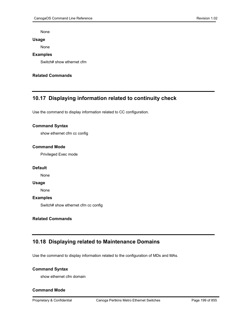 18 displaying related to maintenance domains | CANOGA PERKINS CanogaOS Command Reference User Manual | Page 199 / 855