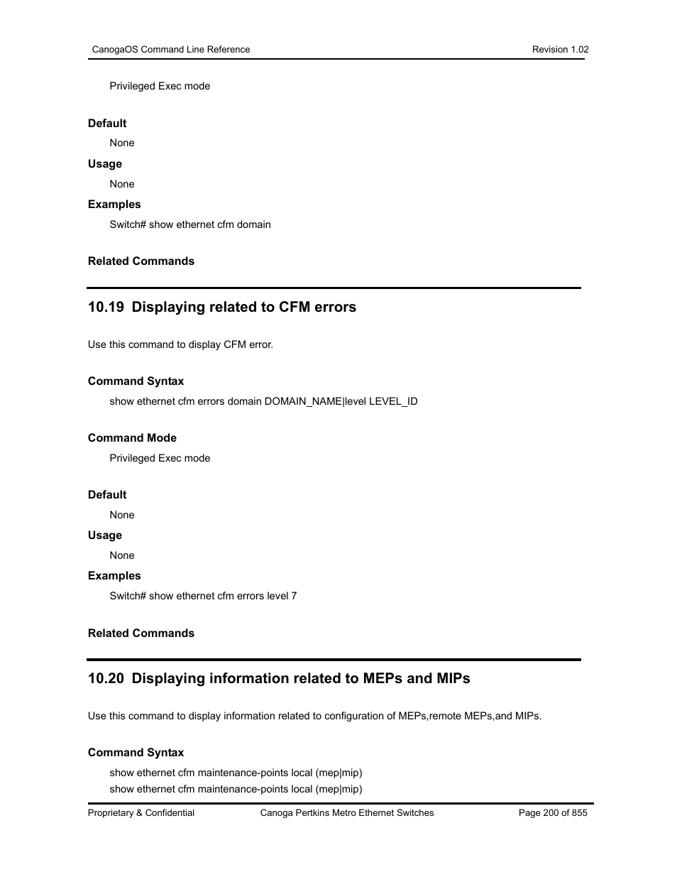 19 displaying related to cfm errors, 20 displaying information related to meps and mips | CANOGA PERKINS CanogaOS Command Reference User Manual | Page 200 / 855