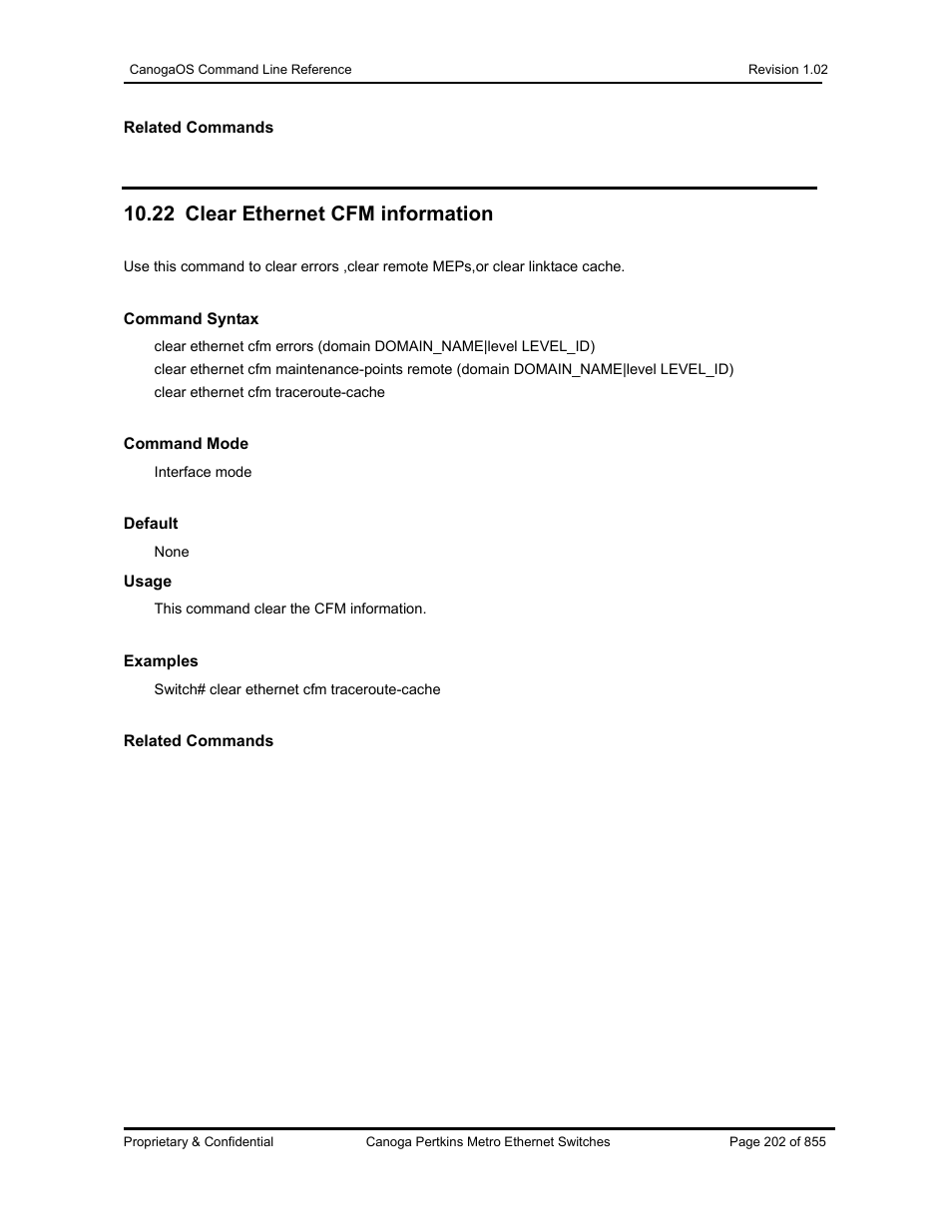 22 clear ethernet cfm information | CANOGA PERKINS CanogaOS Command Reference User Manual | Page 202 / 855