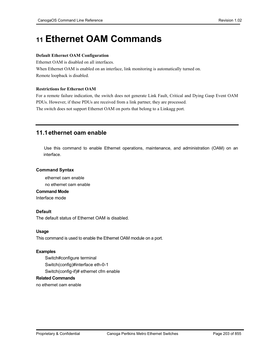 Ethernet oam commands, 1 ethernet oam enable | CANOGA PERKINS CanogaOS Command Reference User Manual | Page 203 / 855