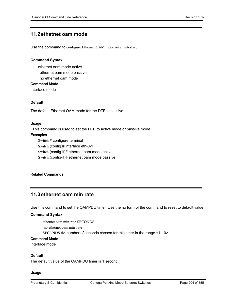 2 ethetnet oam mode, 3 ethernet oam min rate | CANOGA PERKINS CanogaOS Command Reference User Manual | Page 204 / 855