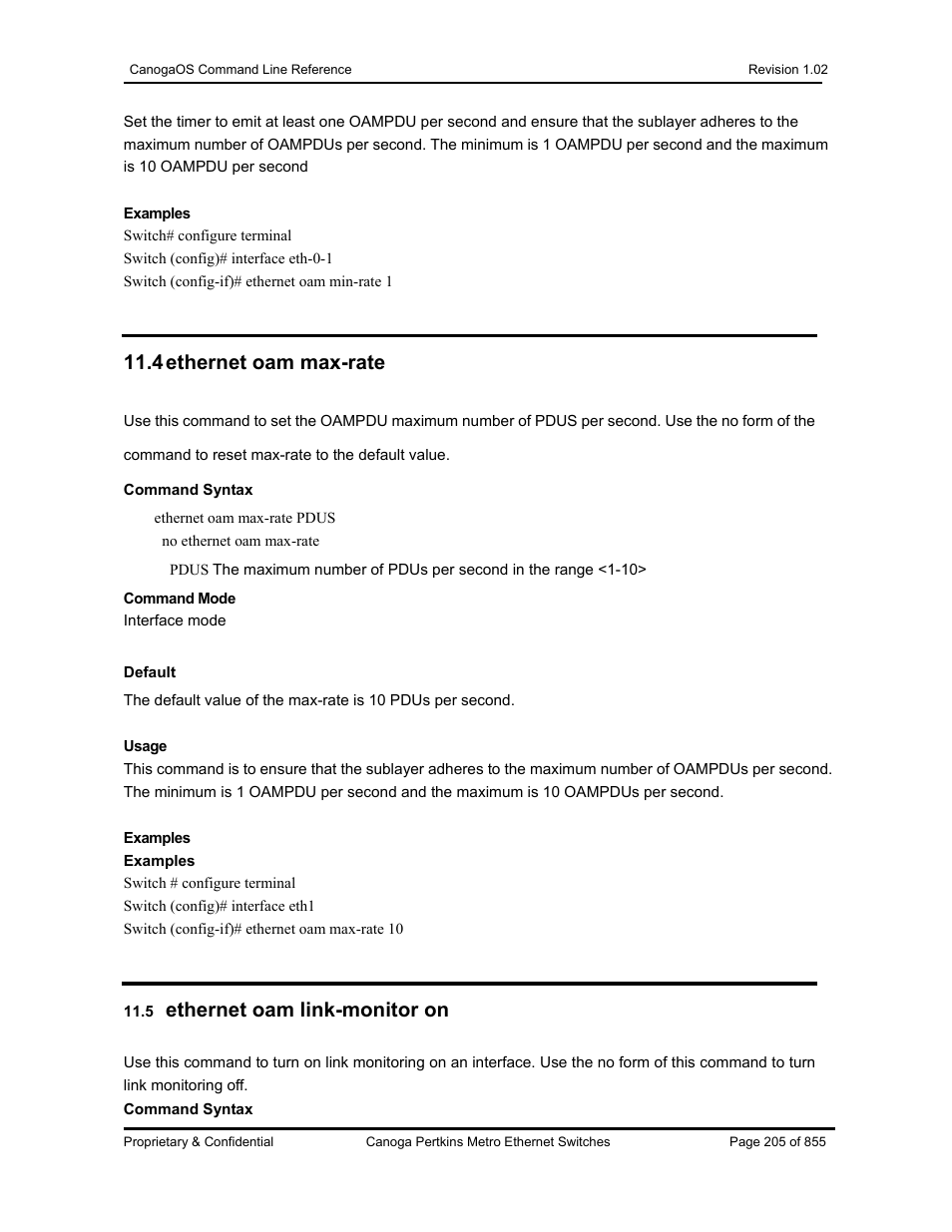 4 ethernet oam max-rate, Ethernet oam link-monitor on | CANOGA PERKINS CanogaOS Command Reference User Manual | Page 205 / 855